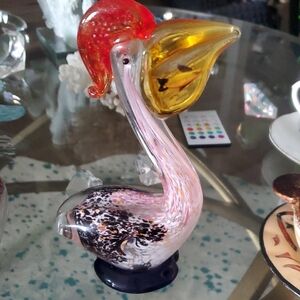 Elegant Glass Pelican Figurine with Red and Yellow Accents